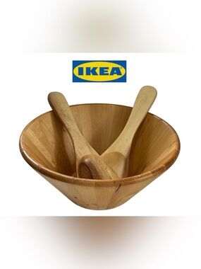 WOODEN IKEA SALAD BOWL SERVERS SERVING SET WOOD